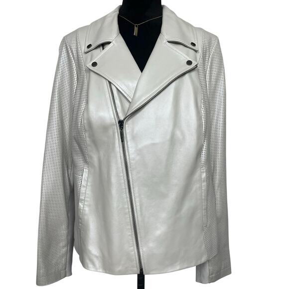EUC - H  By Halston Pearl Essence Perforated Leather Moto Jacket - Picture 1 of 8